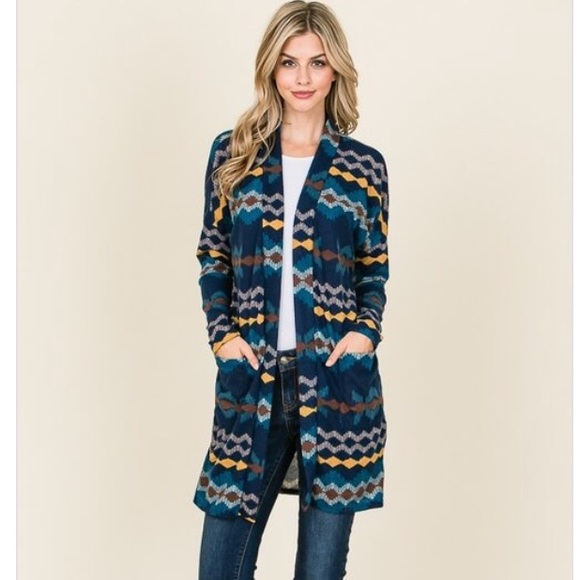 Jackets & Blazers - *SALE* Teal Geo Pattern Open Front Long Cardigan